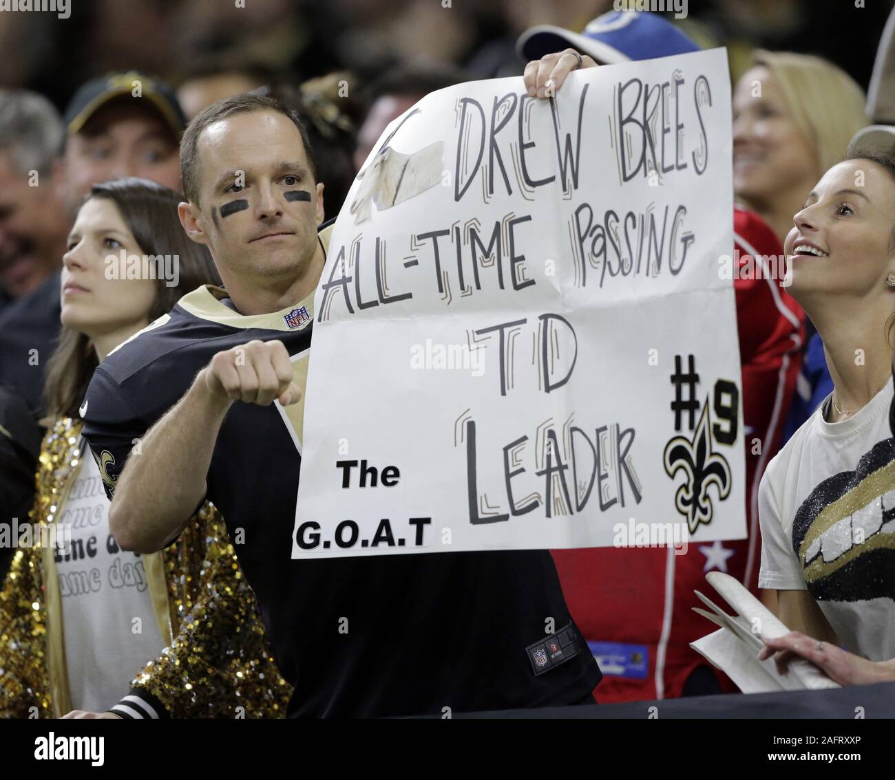 New Orleans, United States. 16th Dec, 2019. Drew Brees look-a like Jerney Hohle holds a sign during the game with Indianapolis Colts at the Mercedes-Benz Superdome in New Orleans on Monday, December 16, 2019. Photo by AJ Sisco/UPI Credit: UPI/Alamy Live News Stock Photo
