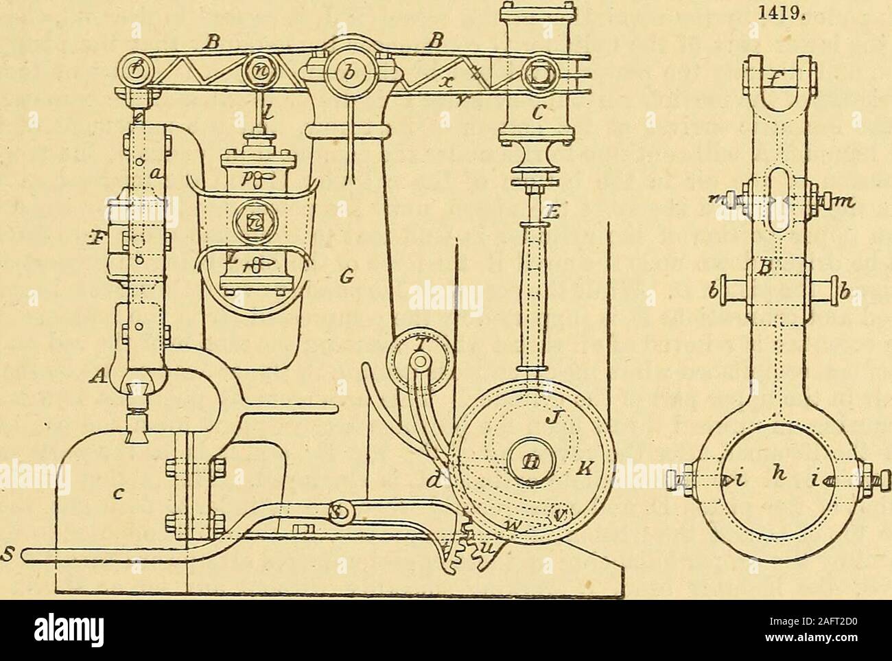 . Supplement to Spons dictionary of engineering, civil, mechanical, military, and naval. t N and worm O to revolve, and so moving the sector o andsector shaft I, to which is fixed the arm L ; this, according as the sector is moved in the one du-ec-tion or the other, increases or decreases the length of the lever J on the side K, thereby increasino-or shortening the distance through which the hammer F is raised and lowered, and so causing aheavy or light blow to be struck as required. To the lower arm of the toothed sector o is pivoteda rod E sliding freely in the guide r, and carrying two adju Stock Photo