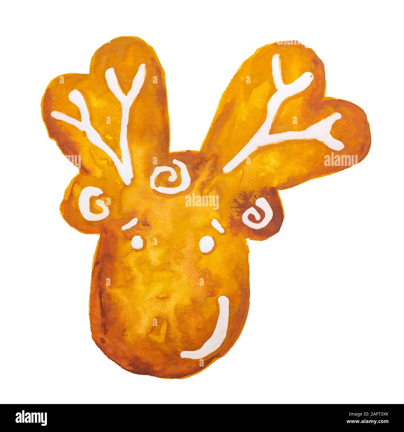 Hand drawn watercolor drawing of Christmas gingerbread reindeer on white background, isolated Stock Photo