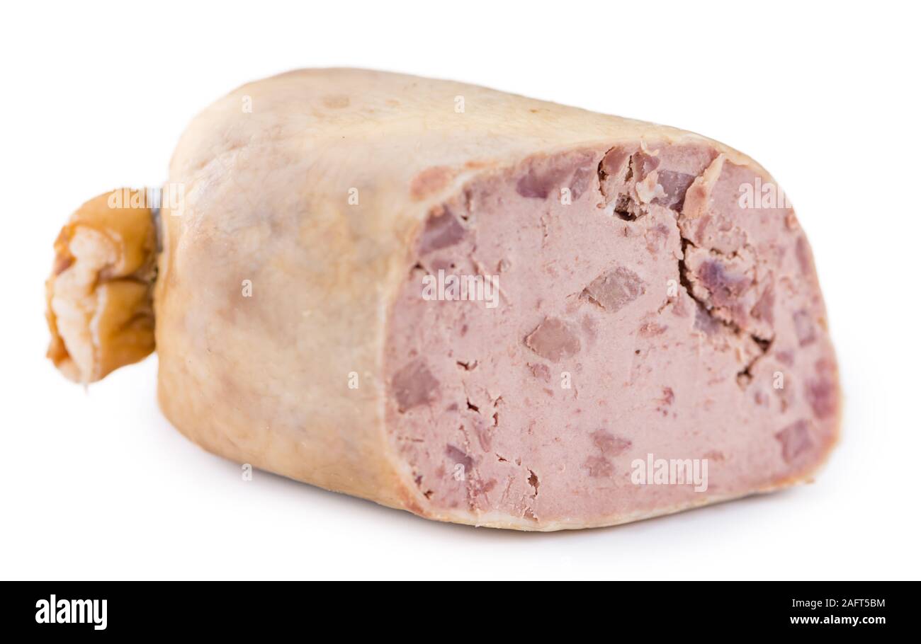 Portion of Liverwurst (as closeup shot) isolated on white background