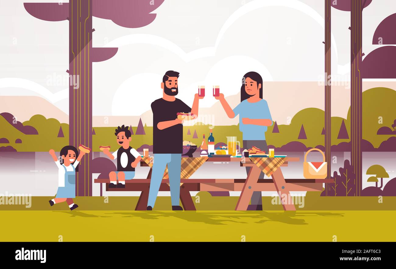 happy parents and children eating hot dogs drinking juice family having picnic weekend concept river bank landscape background flat full length horizontal vector illustration Stock Vector