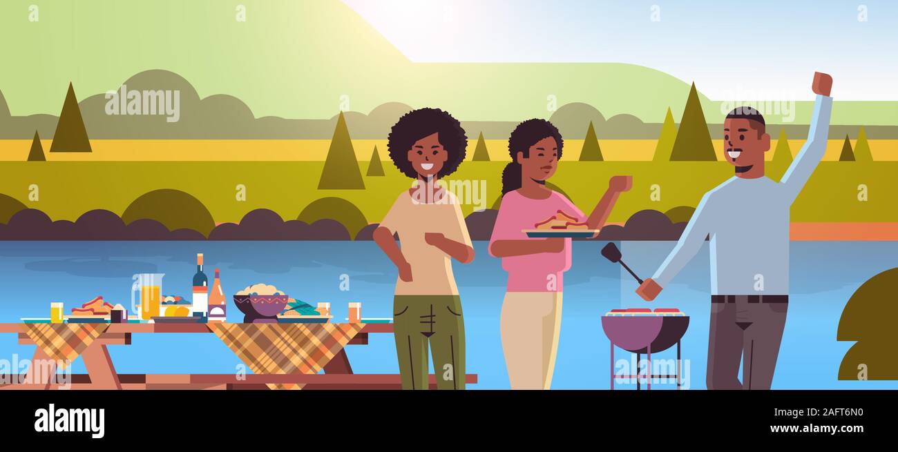 friends preparing hot dogs on grill african american man and women having fun picnic barbecue party concept park or river bank landscape background flat portrait horizontal vector illustration Stock Vector