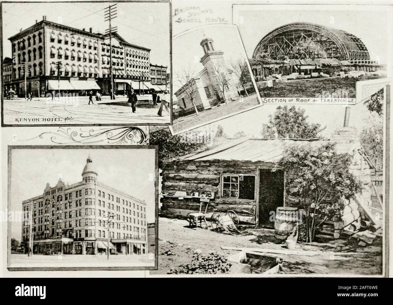 . Pictorial reflex of Salt Lake City and vicinity: including letter-press description and illustrations of public edifices, hotels, business blocks, churches, Indians, bathing resorts, etc., and a variety of information, valuable for the tourist or resident, from reliable sources. GARDO HOUSE. OLD GATE. DESERET NEWS. BEEHIVE HOUSE. ANGEL MORONI ON TOP OF TEMPLE. EAGLE GATE REMODELED.. &lt;il KENYON HOTEL.KNUTSFORD HOTEL. BRIGHAM YOUNGS SCHOOL HOUSE. SECTION OF ROOF OF TABERNACLE.OLDEST HOUSE IN UTAH, BUILT BY THE PIONEERS. Stock Photo