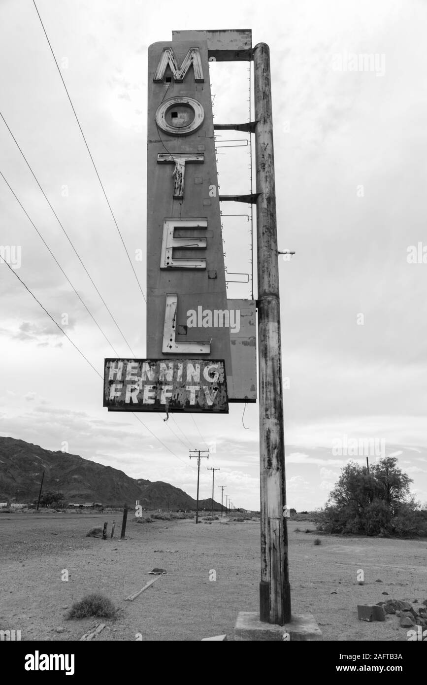 JULY 24, 2019 - OLD ROUTE 66, ARIZONA AND CALIFORNIA , USA - Old Route 66 shows old Motel sign along highway in San Bernadino County, California, along Interstate 40 Stock Photo