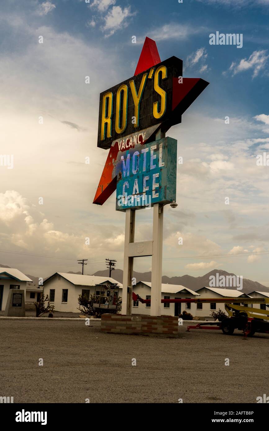 JULY 24, 2019 - OLD ROUTE 66, ARIZONA AND CALIFORNIA , USA - Old Route 66 East, San Bernadino County, California along Interstate 40 shows Roy's Motel Cafe Stock Photo