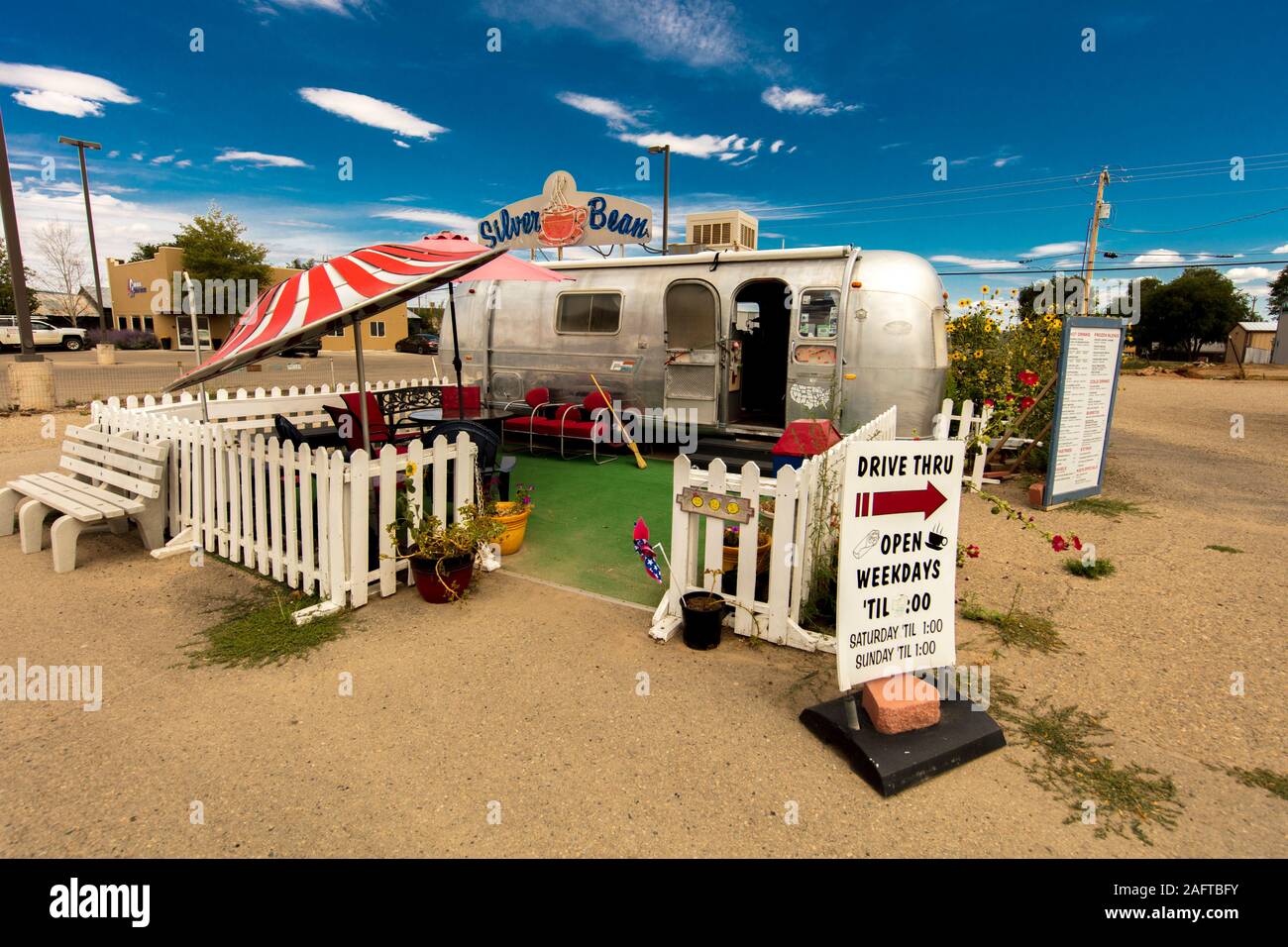 JULY 24, 2019 - OLD ROUTE 66, CORTEZ, COLORADO, USA - Old Route 66 shows old Air Stream Silver Bean Coffee house in Cortez, Colorado Stock Photo