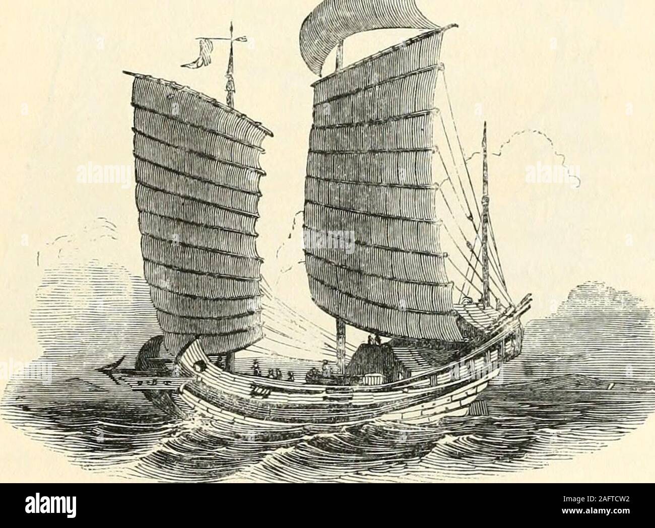. Narrative of a voyage round the world : performed in Her Majesty's ship Sulphur, during the years 1836-1842, including details of the naval operations in China, from Dec. 1840, to Nov. 1841 ; published under the authority of the lords commissioners of the Admiralty. TRADING JUNK. Abaft the mainmast, however, in those intendedfor war vessels is an arched cabin, the roof of whichrises about four feet above the deck, and its deck* Chinese Rep. 1841.] SALT-JUNKS. 237 is about tlie same depth below the upper deck. Noofuns are mounted abaft the mainmast. They oe-cupy the space between the fore and Stock Photo