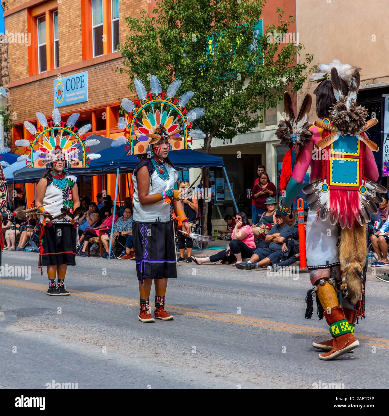 AUGUST 10, 2019 - GALLUP NEW MEXICO, USA - Zuni women with Indian Pots on head march 98th Gallup Inter-tribal Indian Ceremonial, New Mexico Stock Photo