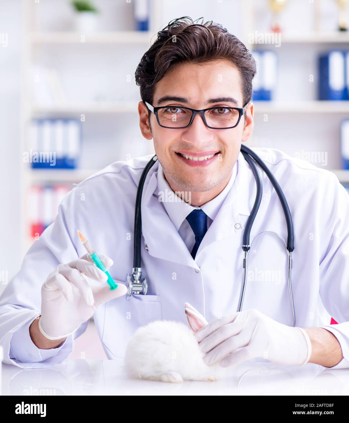 The vet doctor examining rabbit in pet hospital Stock Photo Alamy