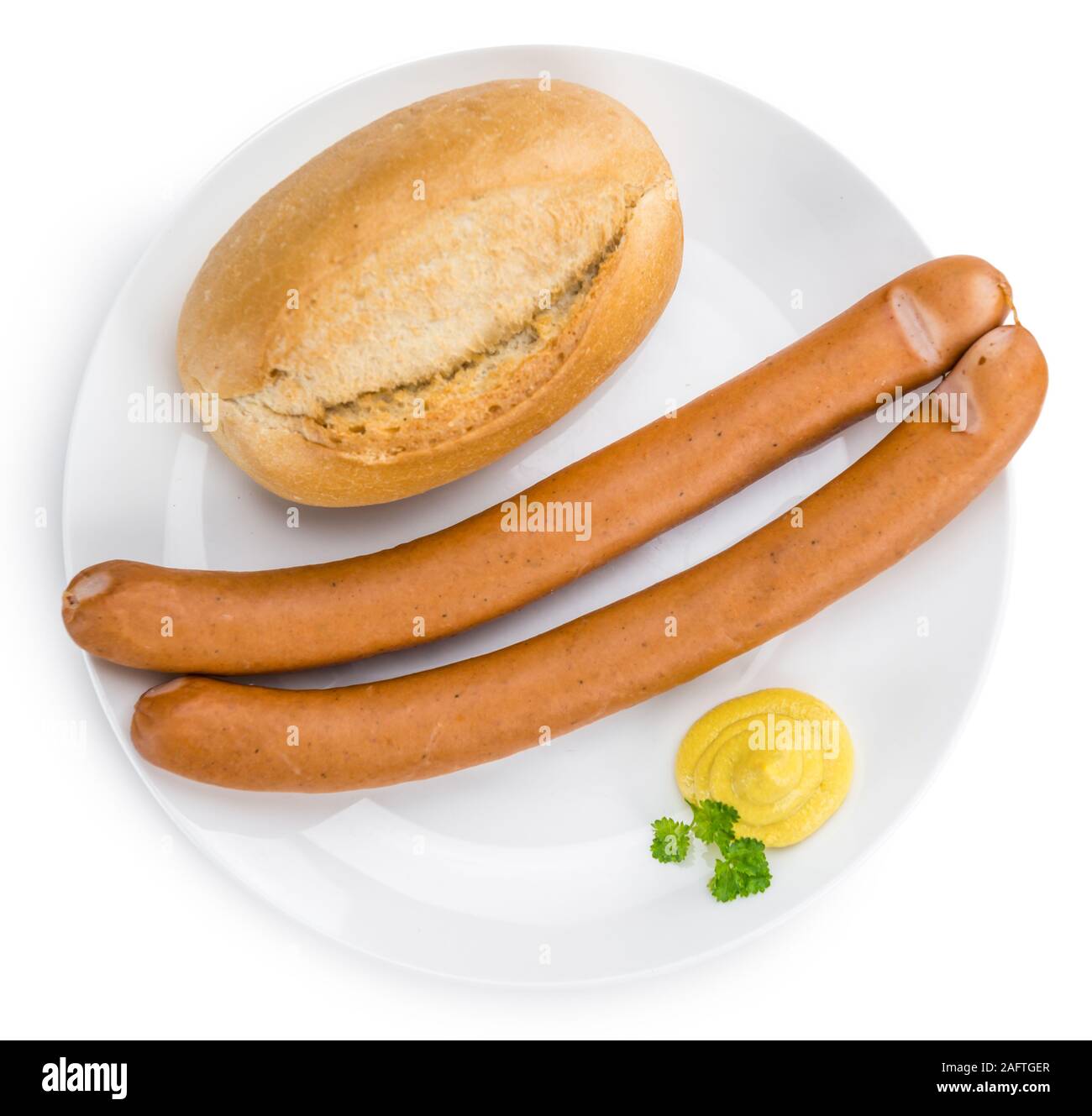 Portion of fresh made Wiener Sausages isolated on white background Stock Photo