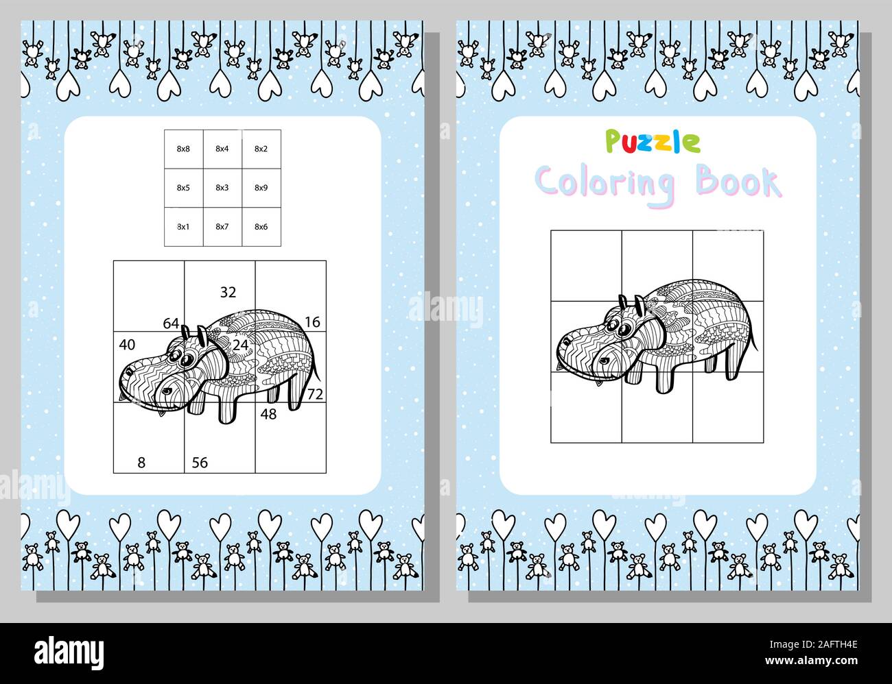 Multiplication table. Puzzle coloring book hippo. Childish style. Educational games. Game.Vector Stock Vector