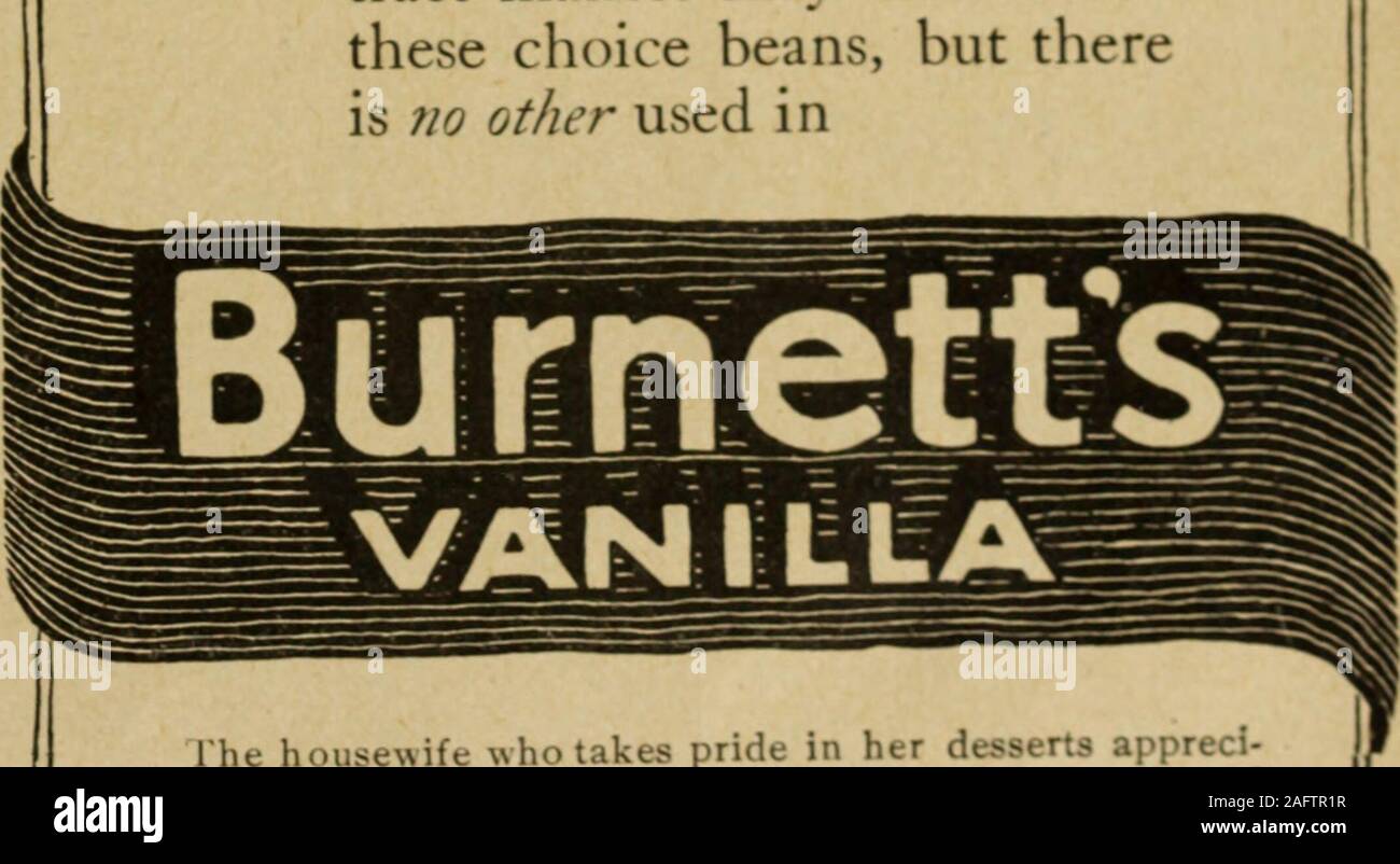 . American cookery. ^t ^^ In some poor seasons thevanilla plantations &gt;jielf1 nogenuine jirst qualitu beans.As none but the .first f/ratleis used in Burnetts Ianillaa reserve stock is kept to in-sure its nniform high qual-ity—even when a crop fails. Neapolitan Whip Mix half a pound of chopi)cdwalnuts with half a pound ofchopped fresh marshmallows.Blend with the mixture enoughwhipped cream, flavored withBurnetts Vanilla, to hold ittogether. i&gt;erve in glasses witha fruit sauce, or garnished withfruit. Lucty for you that f. every woman eloesnt insist ^ r  Almost every tropical countryprod Stock Photo