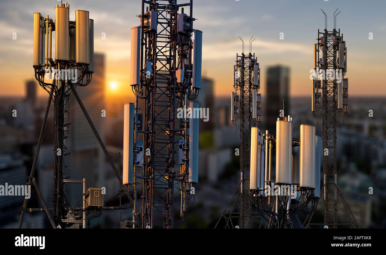 base stations and mobile phone transmitters against the background of