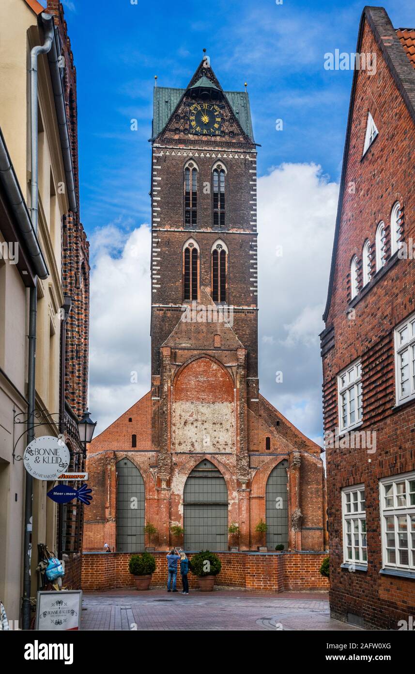 The 80 m high tower church of St. Mary's Church ( Marienkirche) is the only remainder of the original Brick Gothic edifice; built in the first half of Stock Photo