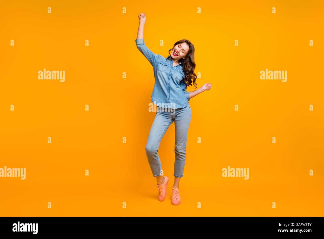 Full length body size photo of cheerful positive cute nice fascinating