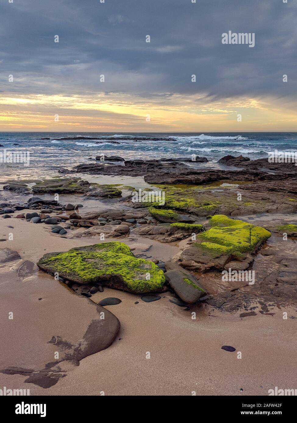 Sunrise on a rugged, rocky and sandy beach with green algae-covered stones on the Great Ocean Road at Sugarloaf, near Apollo Bay in Victoria, Australia Stock Photo