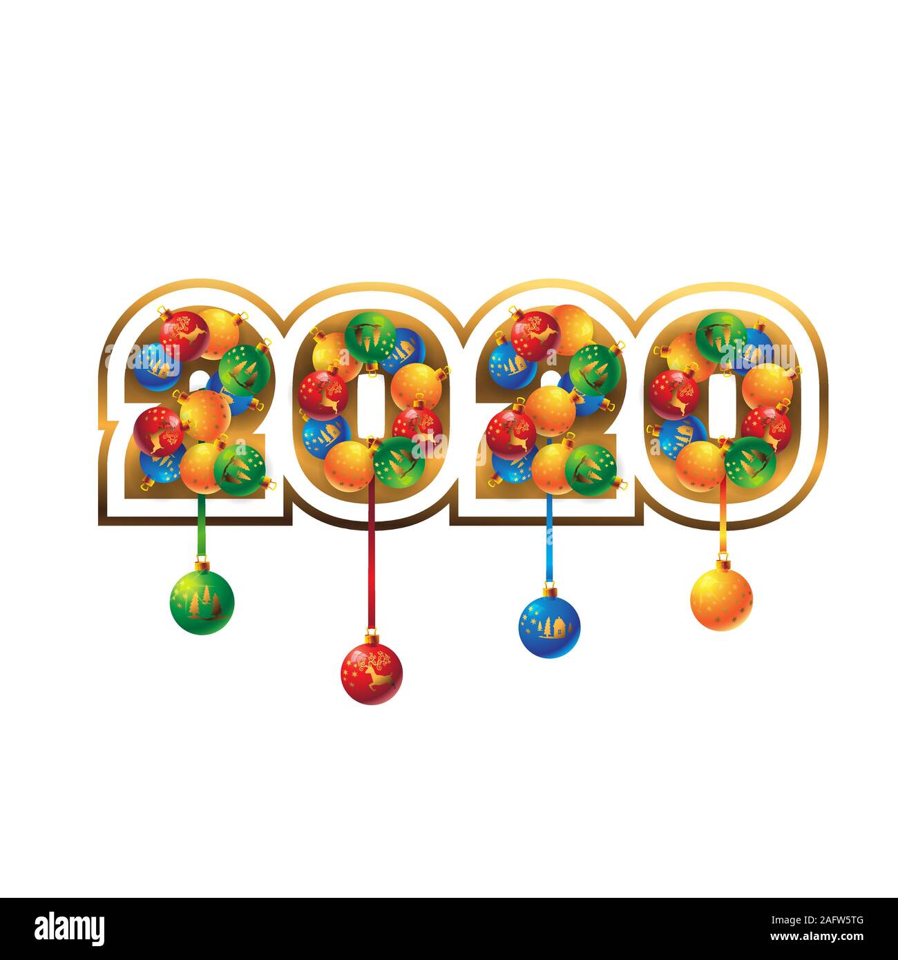 2020 date Christmas balls on white isolated background. Vector image Stock Vector