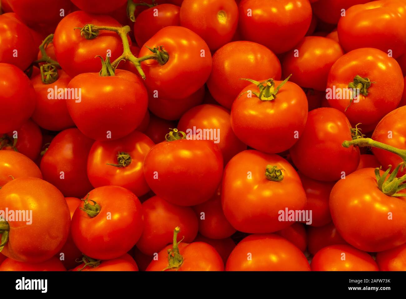 Jerusalem, ISRAEL / 16 DEC 2019: Fresh tomatoes for sale in Jerusalem's Machane Yehuda outdoor market. Stock Photo