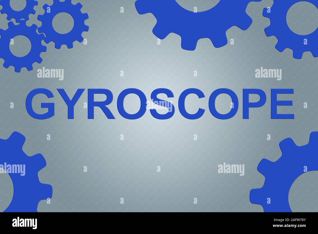 GYROSCOPE sign concept illustration with blue wheel figures on gray gradient background Stock Photo