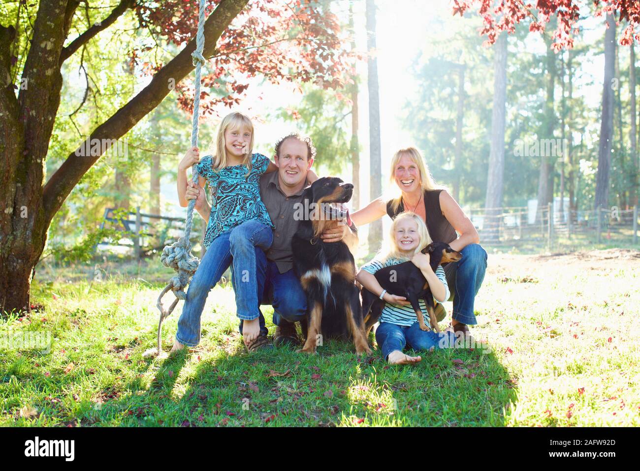 Portrait happy family with dogs in sunny autumn park Stock Photo