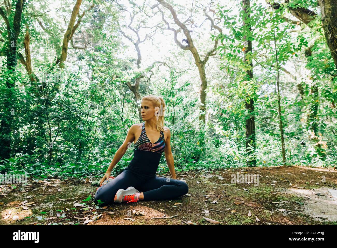 Fit female personal trainer exercising, stretching in forest Stock Photo