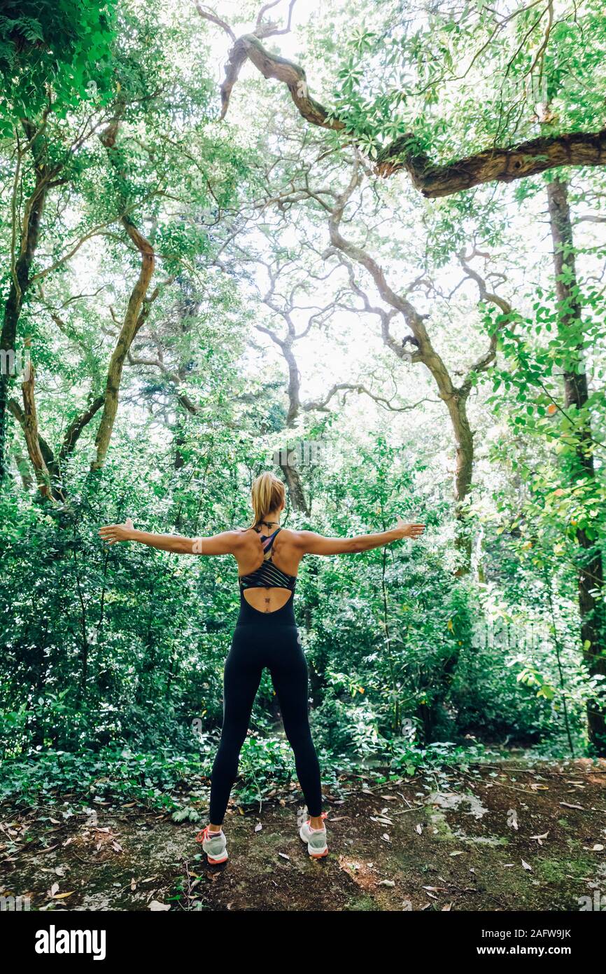 Fit female personal trainer exercising, stretching arms in forest Stock Photo