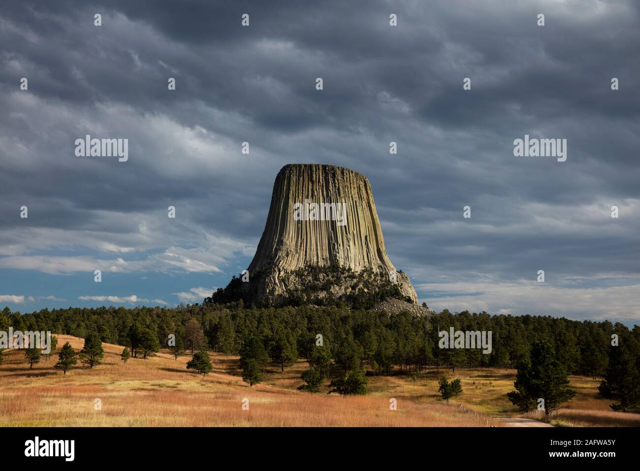 SEPTEMBER 29, 2019, Hulett, Wyoming, USA - aerial of Devils Tower National Monument location for  Close Encounters Motion Picture Stock Photo