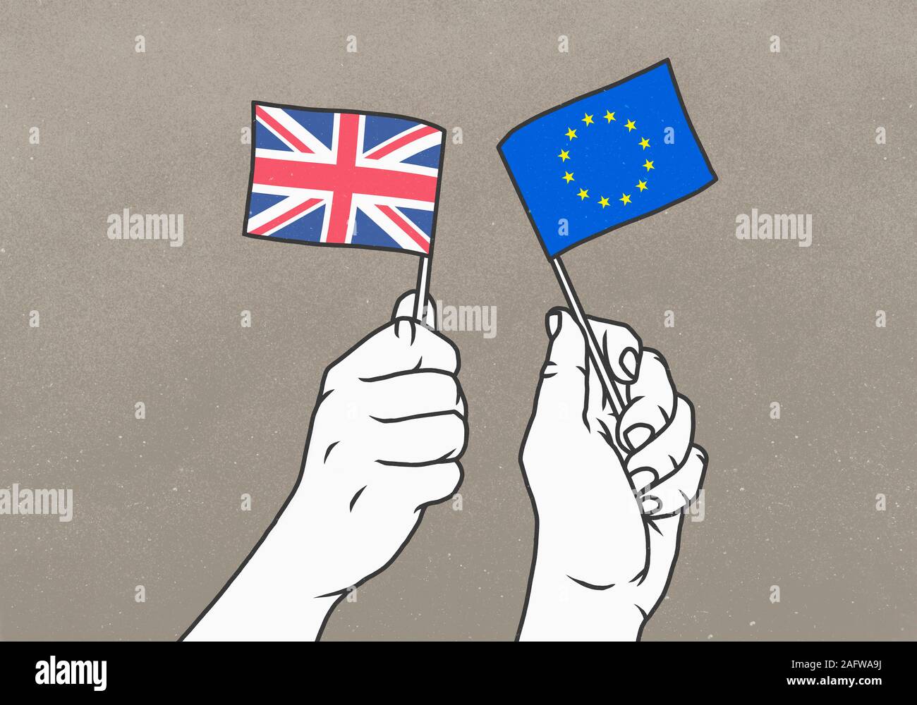 Hands waving small British and European Union flags Stock Photo
