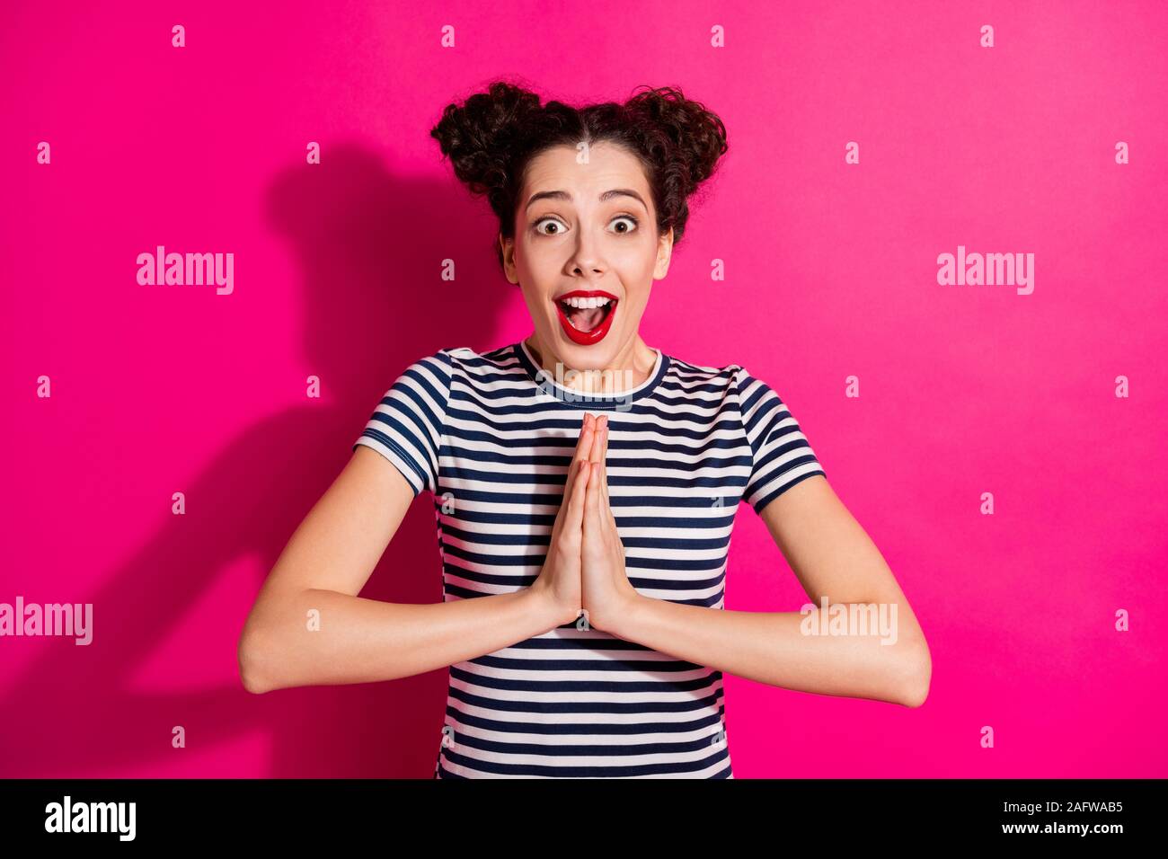 Photo of cheerful cute nice funny positive sweet pretty girl begging to  purchase goods for her with asking facial expression requesting isolated  over Stock Photo - Alamy