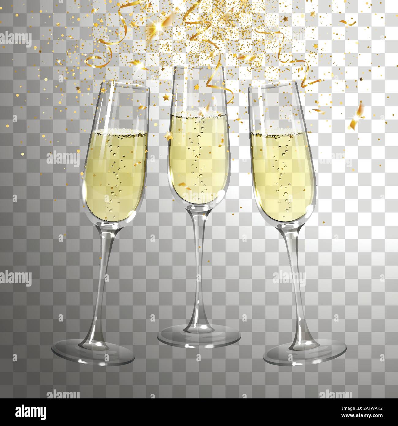 festive champagne glasses and golden confetti on transparent background