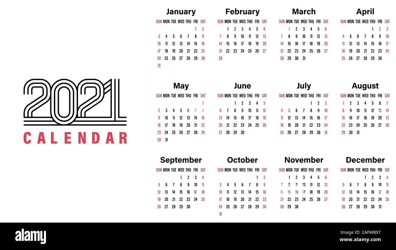 2021 Calendar template vector illustration simple design week starts on Sunday indicate weekends with red Stock Vector