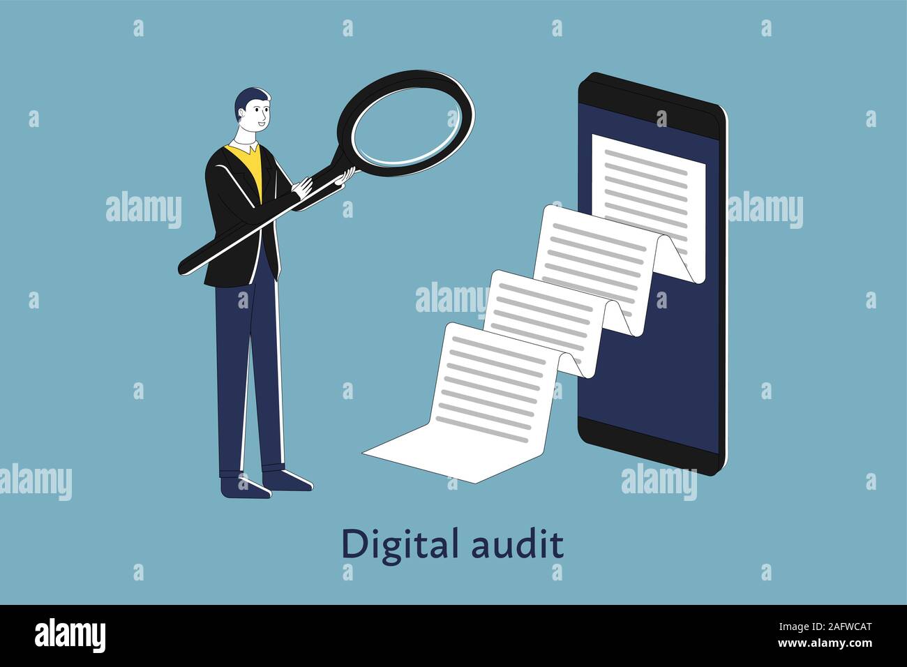 Businessman is looking through magnifier to document coming from big smart phone, flat illustration, digital audit concept. Stock Vector