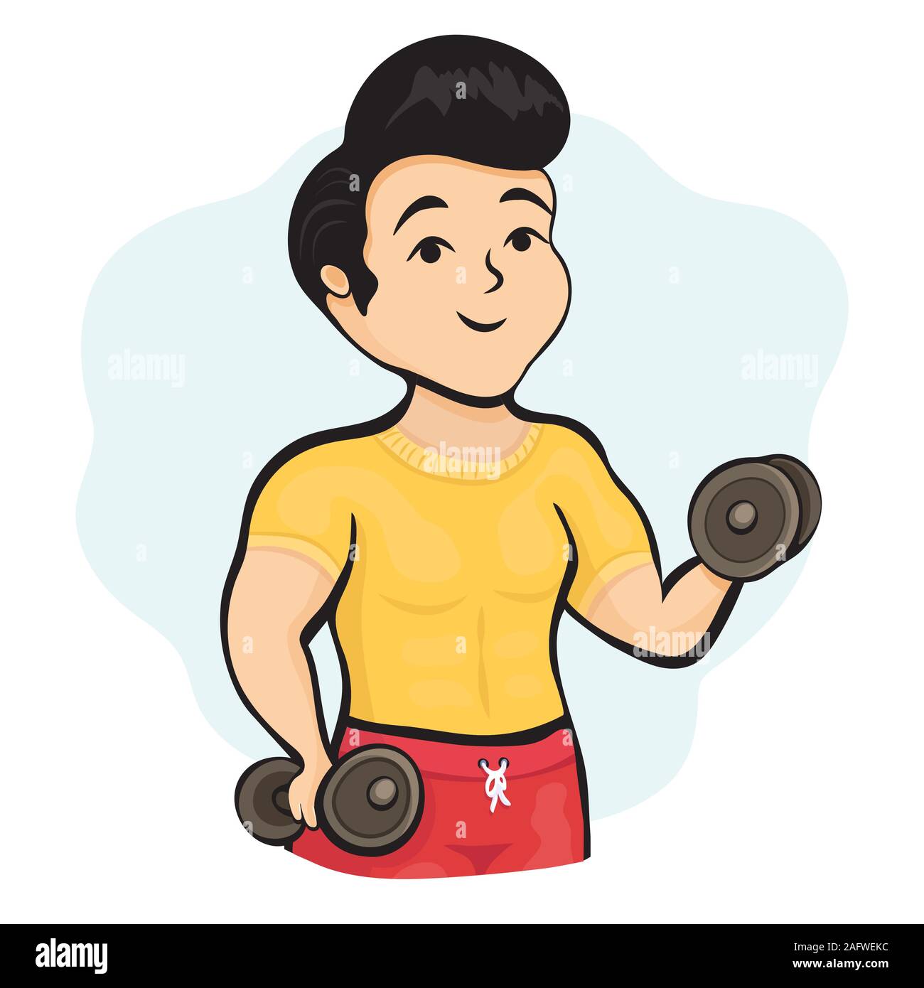 Cartoon character muscular guy athlete with dumbbells in hands playing  sports, fitness drawing. Cute man in tracksuit training and shakes muscles,  iso Stock Vector Image & Art - Alamy