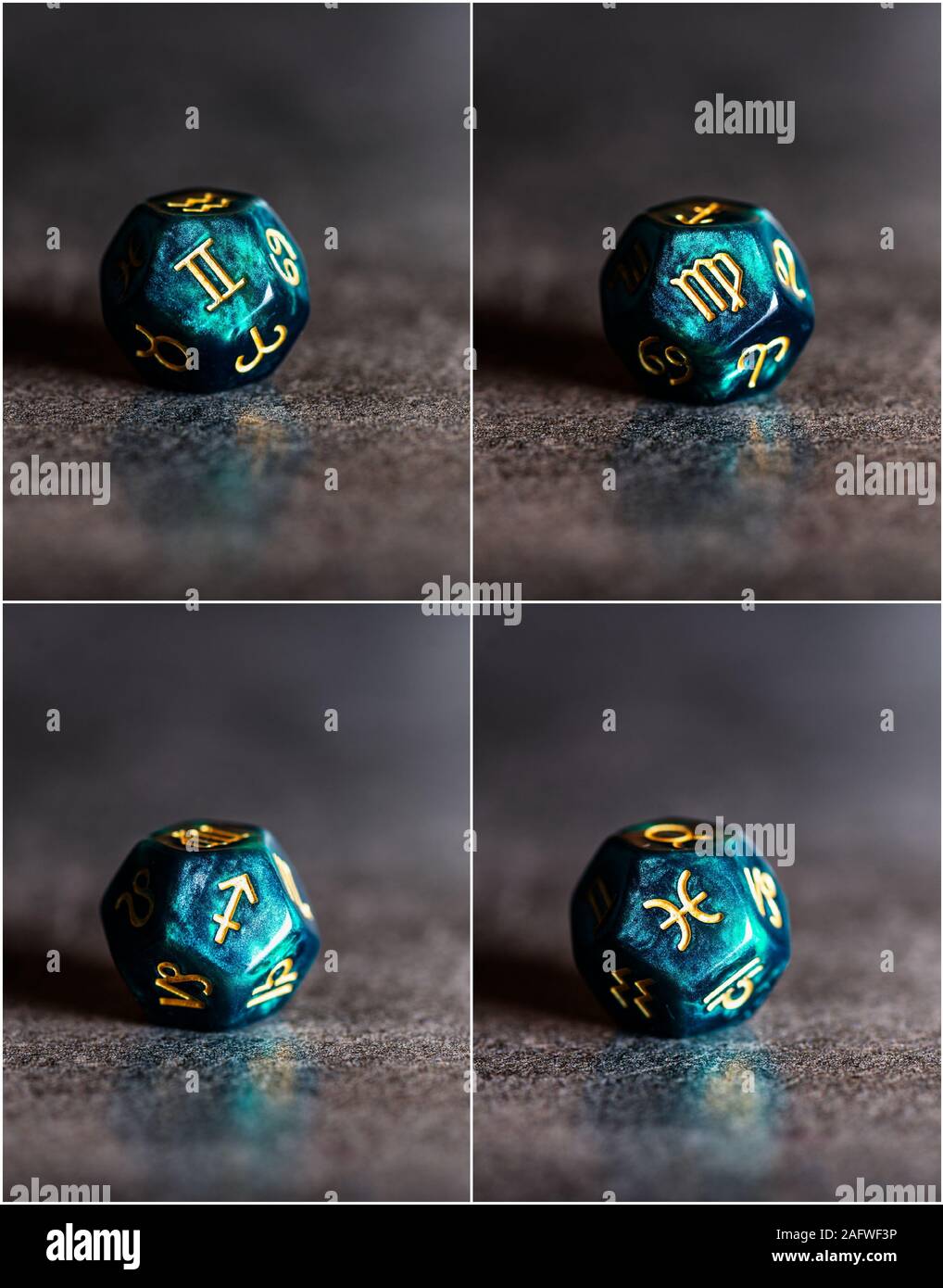 Collage of photos with Astrology Dice representing Mutable Modality of Astrological Signs. Gemini, Virgo, Sagittarius, Pisces Stock Photo