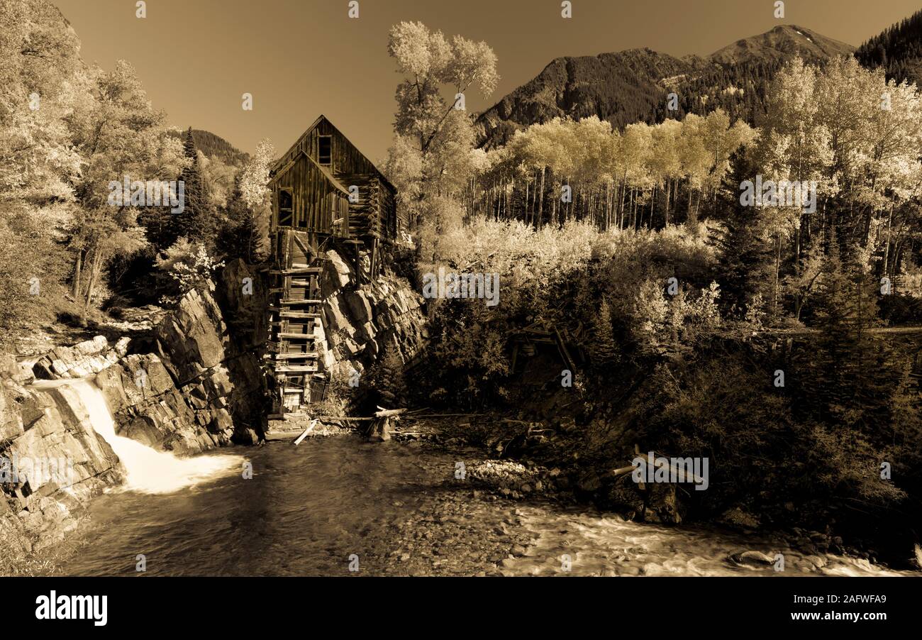 OCTOBER 2, 2019, CRYSTAL, COLORADO, USA - Old Mill is an 1892 wooden powerhouse located on an outcrop above the Crystal River Stock Photo