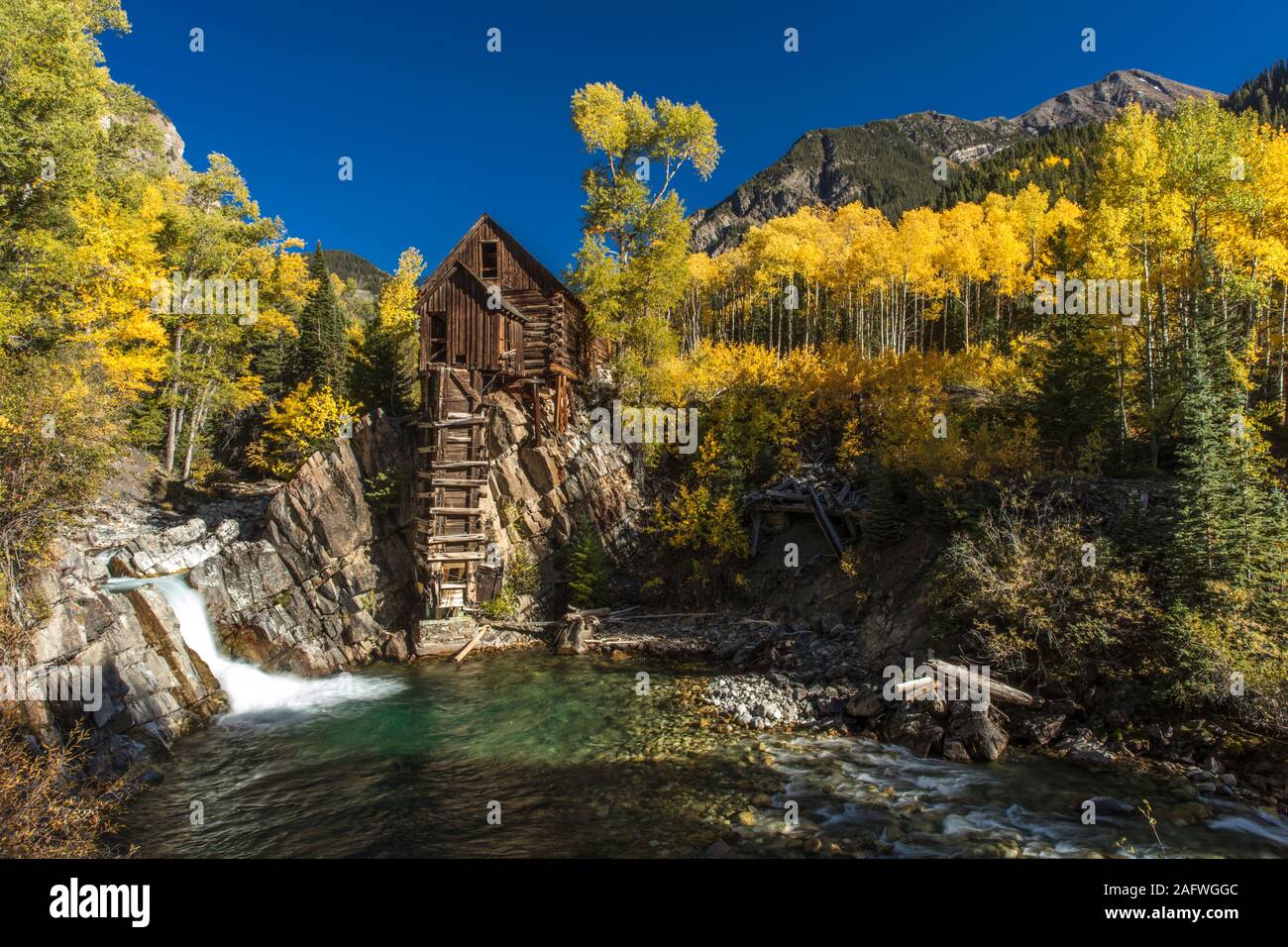 OCTOBER 2, 2019, CRYSTAL, COLORADO, USA - Old Mill is an 1892 wooden powerhouse located on an outcrop above the Crystal River Stock Photo