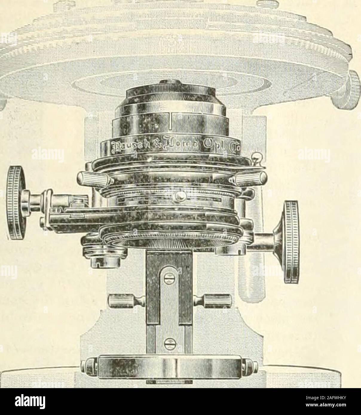 . The Pharmaceutical era. Fig. 23.—BuHs-Eye Condenser. When the petroleum lamp is employed, the narrowedge of the flame should be used as the source of light. A convenient oil lamp is the Acme, shown in the illus-tration, (Fig. 28), which can be clamped at any height, Marcli 17, 1898.] THE PHARMACEUTICAL ERA. 393 C-E| liliilluiiiililii:..1. Fig lIlllj^lWlllM -Complete Sub-Stage. auJ also has a lens let into the side of the shade for thepurpose of directing the beam of light upon the tnirror. Another form of microscope lamp is that illustrated inFig. 29, in which the burner is surrounded b.v an Stock Photo