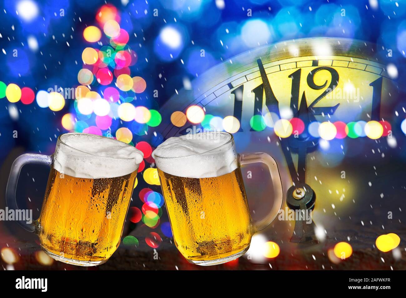 Two beers. Celebratory drink on the new year eve. Stock Photo