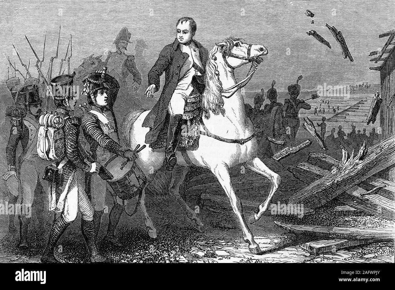 Napoleon at the passage of the river Elbe. 1813. Antique illustration