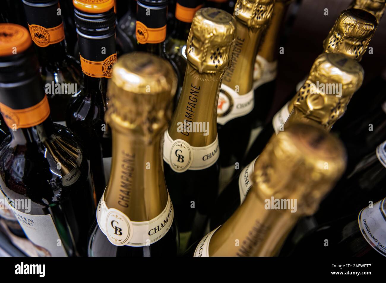 Berlin, Germany. 16th Dec, 2019. Champagne bottles are on a shelf at  discount store Lidl. Just in time for Christmas, Germany's discounters are  also decorating their stores with a touch of luxury.