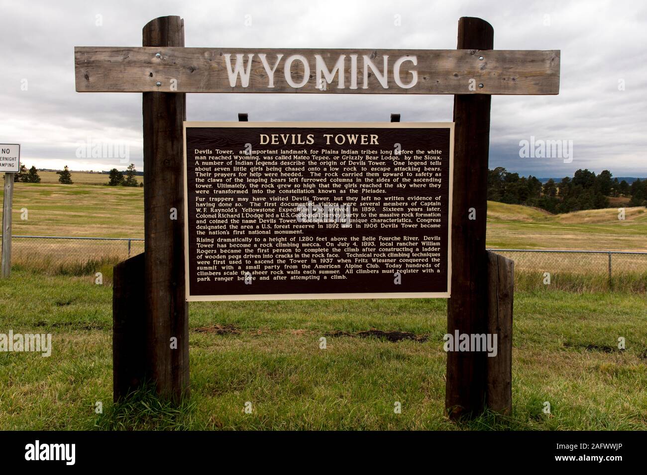SEPTEMBER 2019 - Wyoming, USA, Road sign describing Devils Tower Wyoming Stock Photo