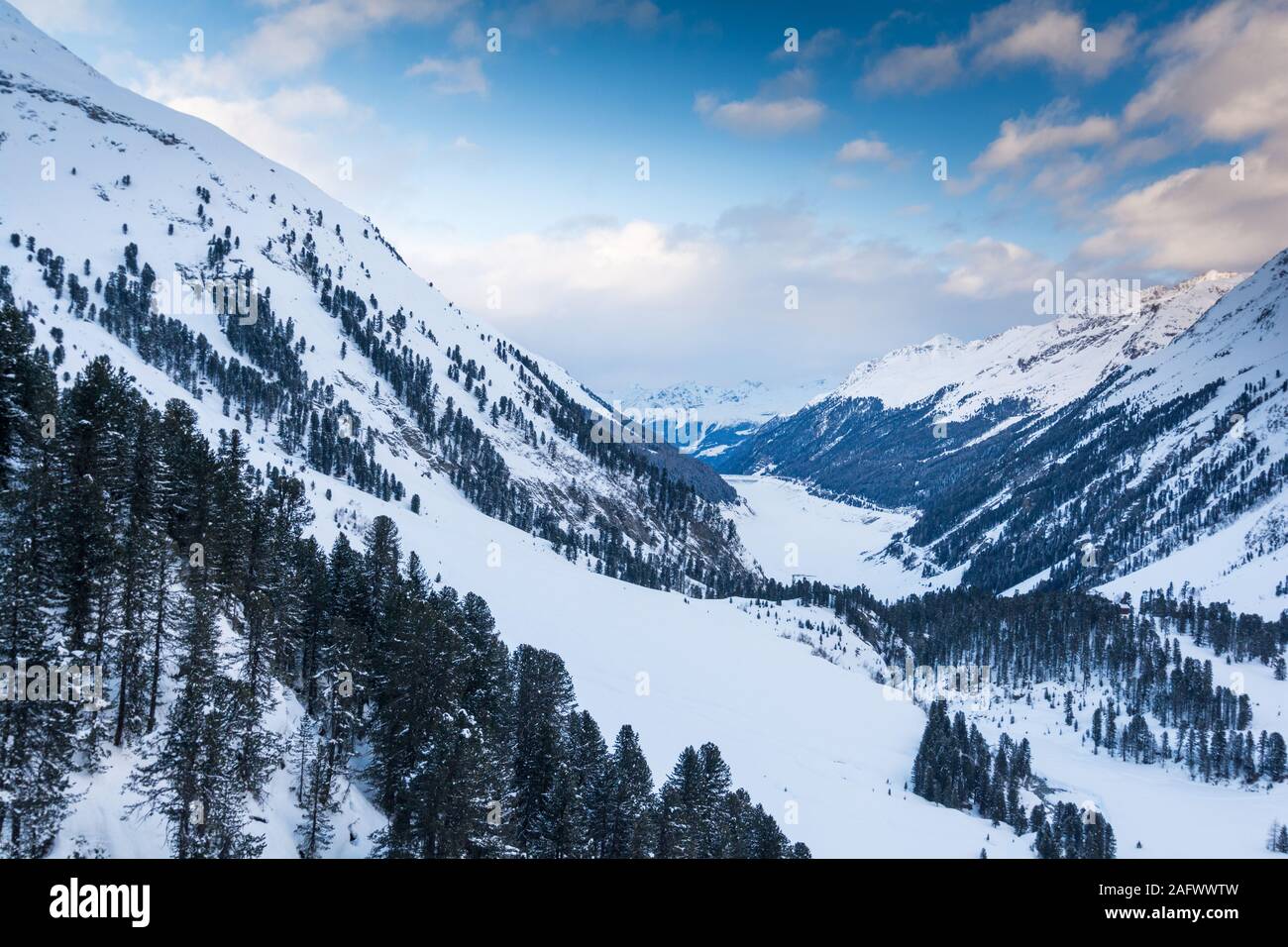 Beautiful view over mountain lake and mountains. View over the Kaunertaler lake and valley in Kaunertal,Tyrol, Austria. Stock Photo