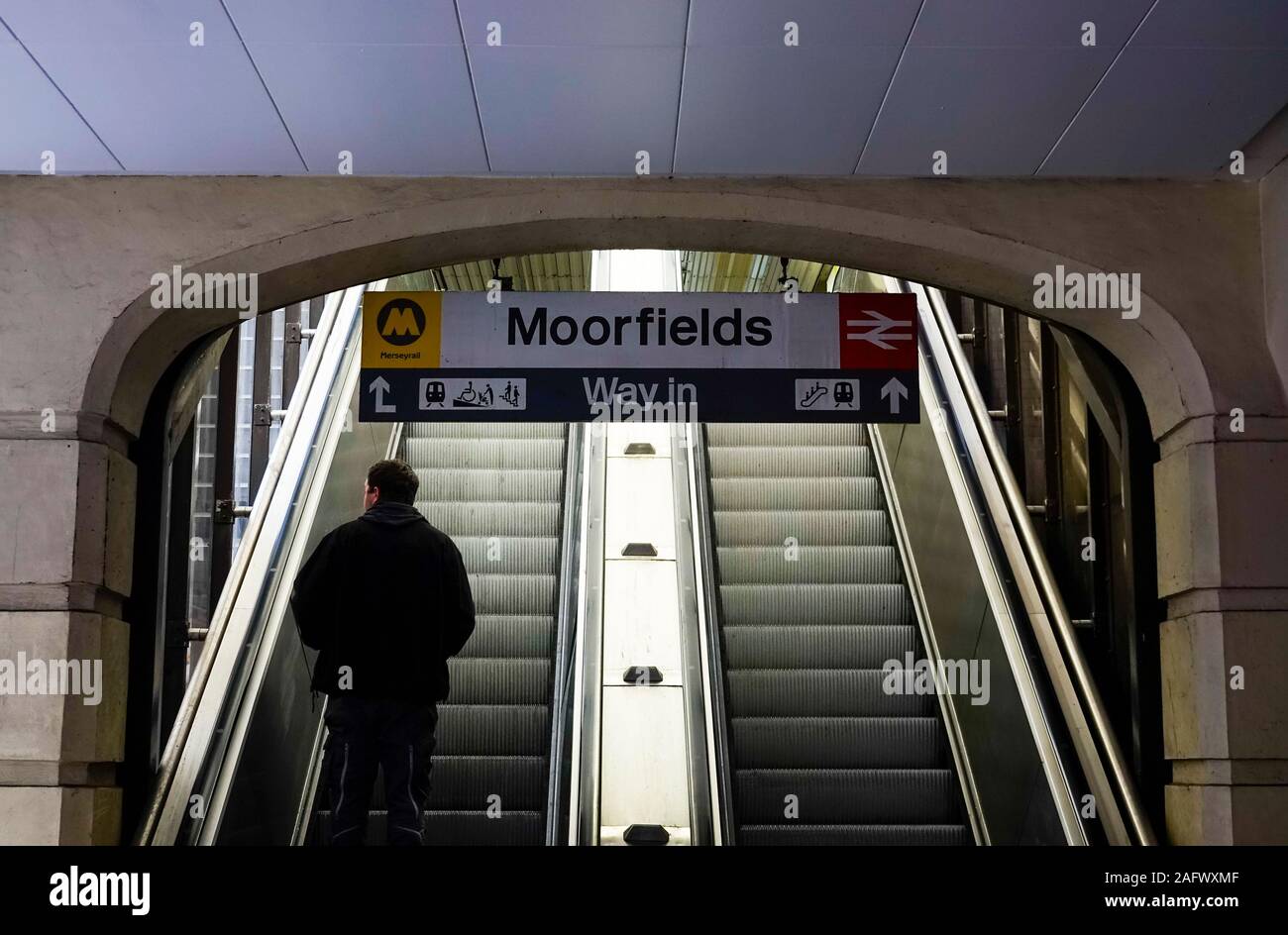 Escalators to Moorfields railway station in Liverpool Stock Photo