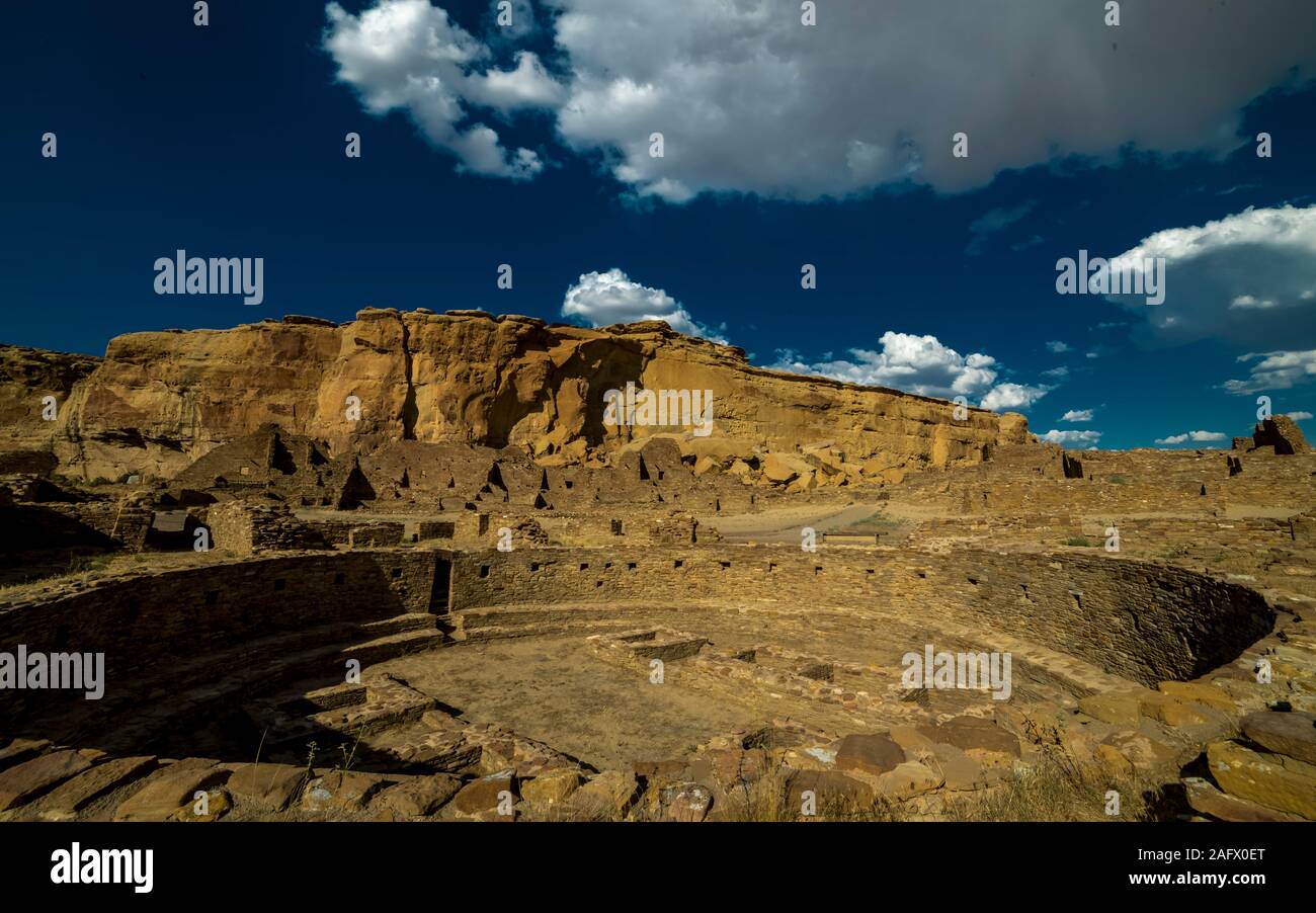 September 6, 2019, New Mexico, USA - Chaco Canyon, Indian Ruins, at sunset Stock Photo