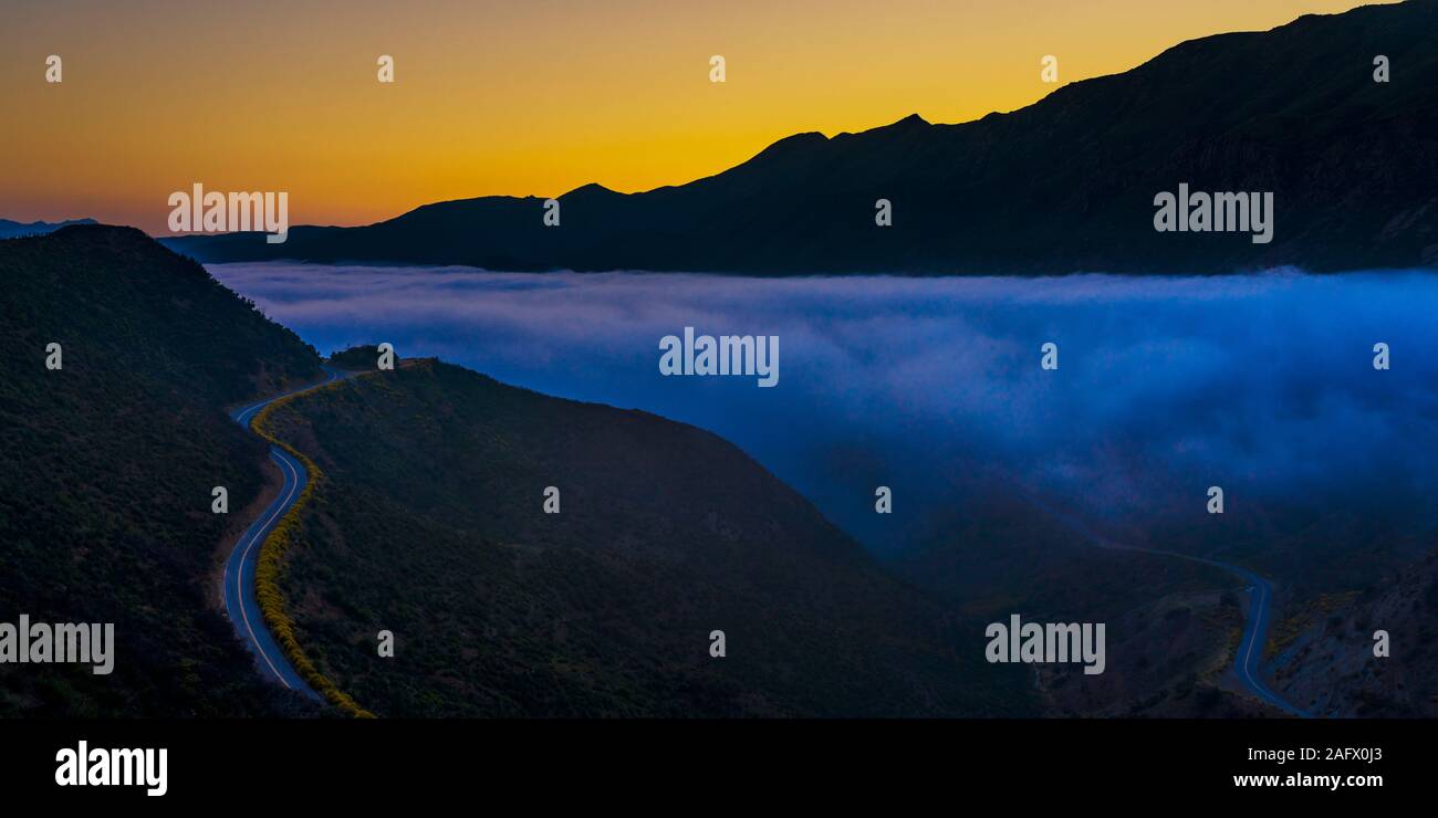 JUNE 26, 2019, OJAI, CA, USA - Fog over Ojai California, Los Padres National Forest off Highway 33 at sunset Stock Photo