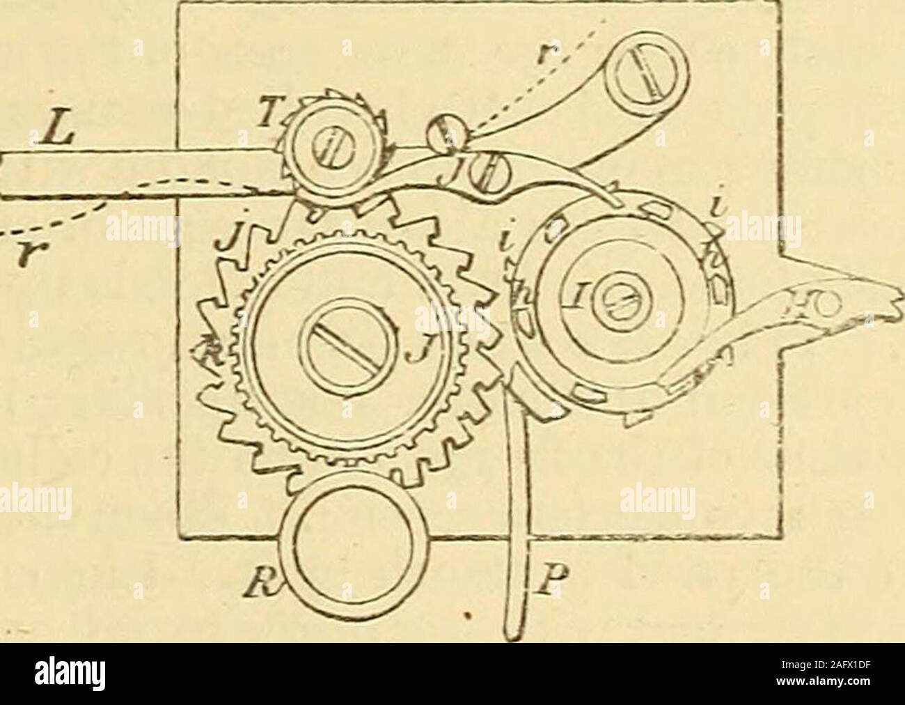 . Supplement to Spons dictionary of engineering, civil, mechanical, military, and naval. A circle of teethupon T gear, with corresponding teeth k on the type wheel, and the two revolve together as long asthe contact lasts between the paper and the type, so that the feeding of the paper is accomplishedwhile the impression is taking place. The types are inked by a felt roller K. The unison stopP is employed by the receiving operator to arrest the type wheel at zero or dash, when starting.It is thrown off the type wheel, and released at the first movement by one of the pins hh strikingagainst the Stock Photo