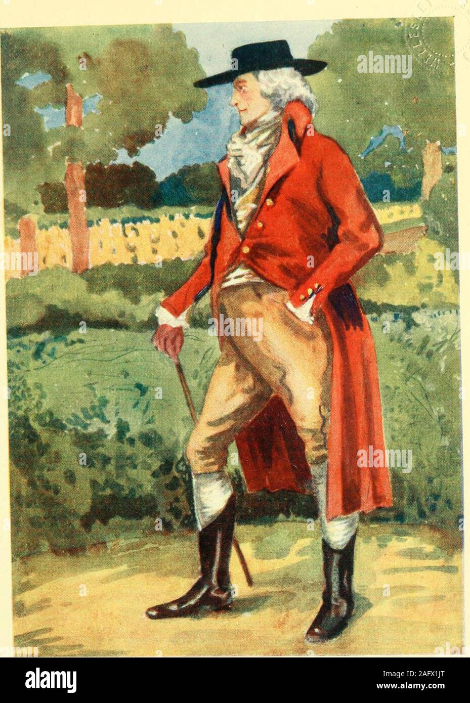 . English costume. A MAN OF THE TIME OF GEORGE III.(1760—1820) The ciifts have gone, and now the sleeve is leftunbuttoned at the wrist. The coat is long and full-skirted, but not stiffened. The cravat is loosely tied,and the frilled ends stick out. These frills were, irfthe end, made on the shirt, and were called chitterlings.. GEORGE THE THIRD 73 the shorter hair, the larger neck-cloth, the panta-loons—forerunners of Brummells invention—theopen sleeve. Number twelve shows us an ordinary gentlemanin a coat and waistcoat, with square flaps, calleddogs ears. As the drawings continue you can see Stock Photo