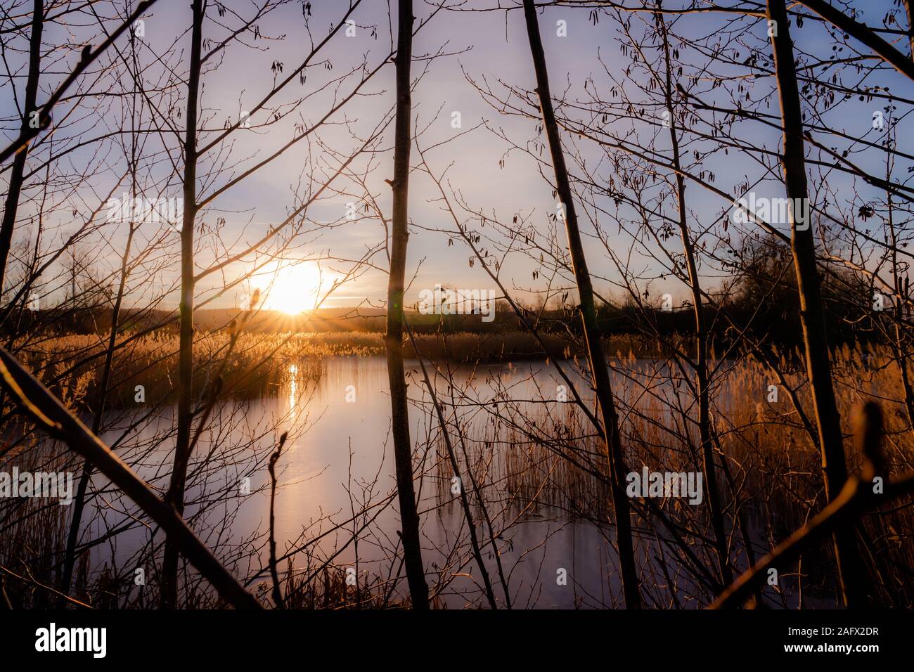 Beautiful scenery of the sunset reflecting in the lake surrounded by ...