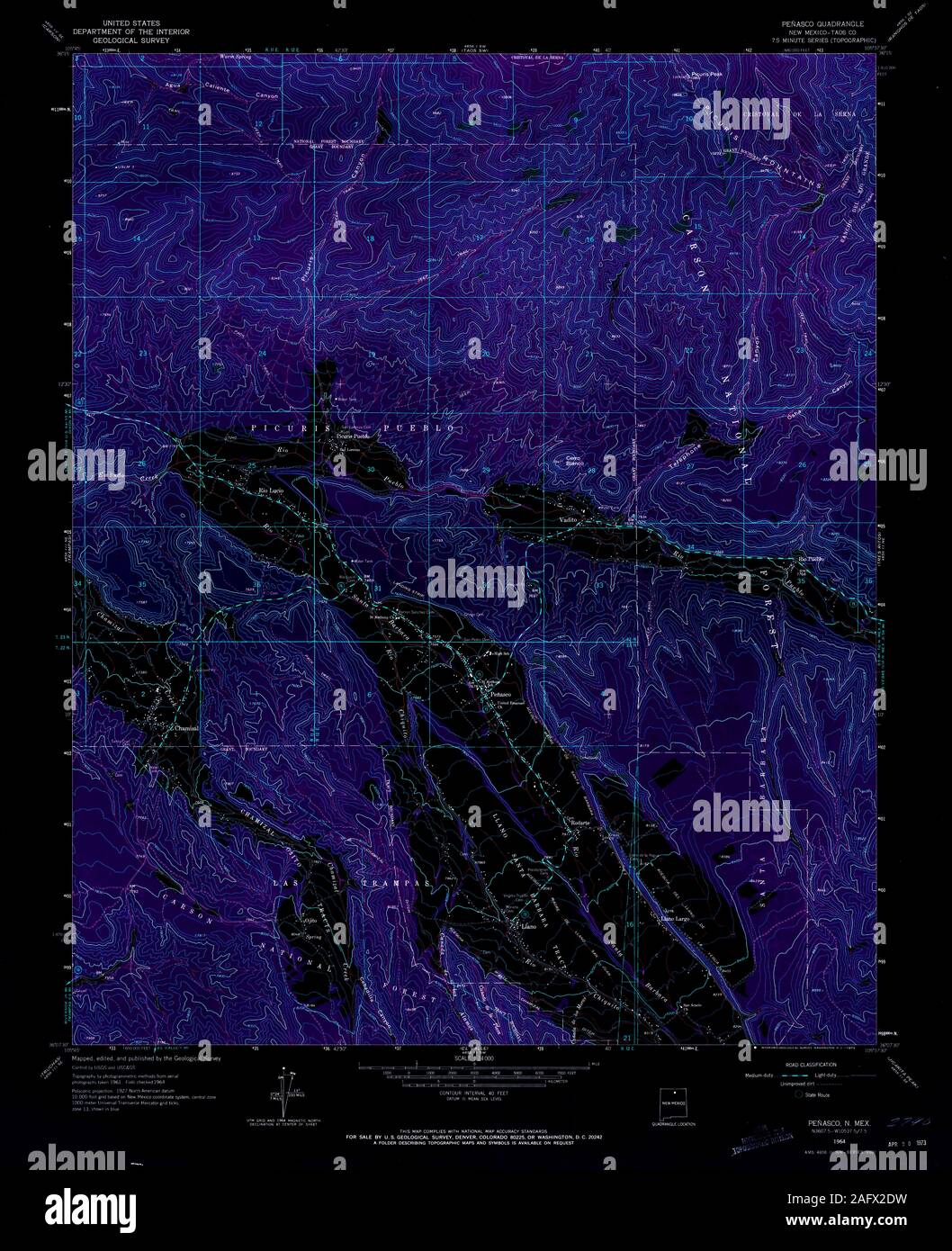 USGS TOPO Map New Mexico NM Penasco 191848 1964 24000 Inverted Restoration Stock Photo