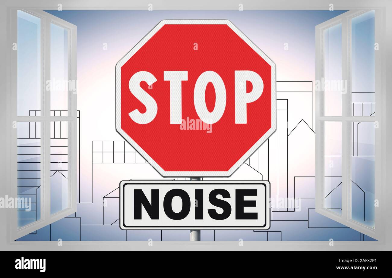Stop Noise written on roadsign concept with an open window against a